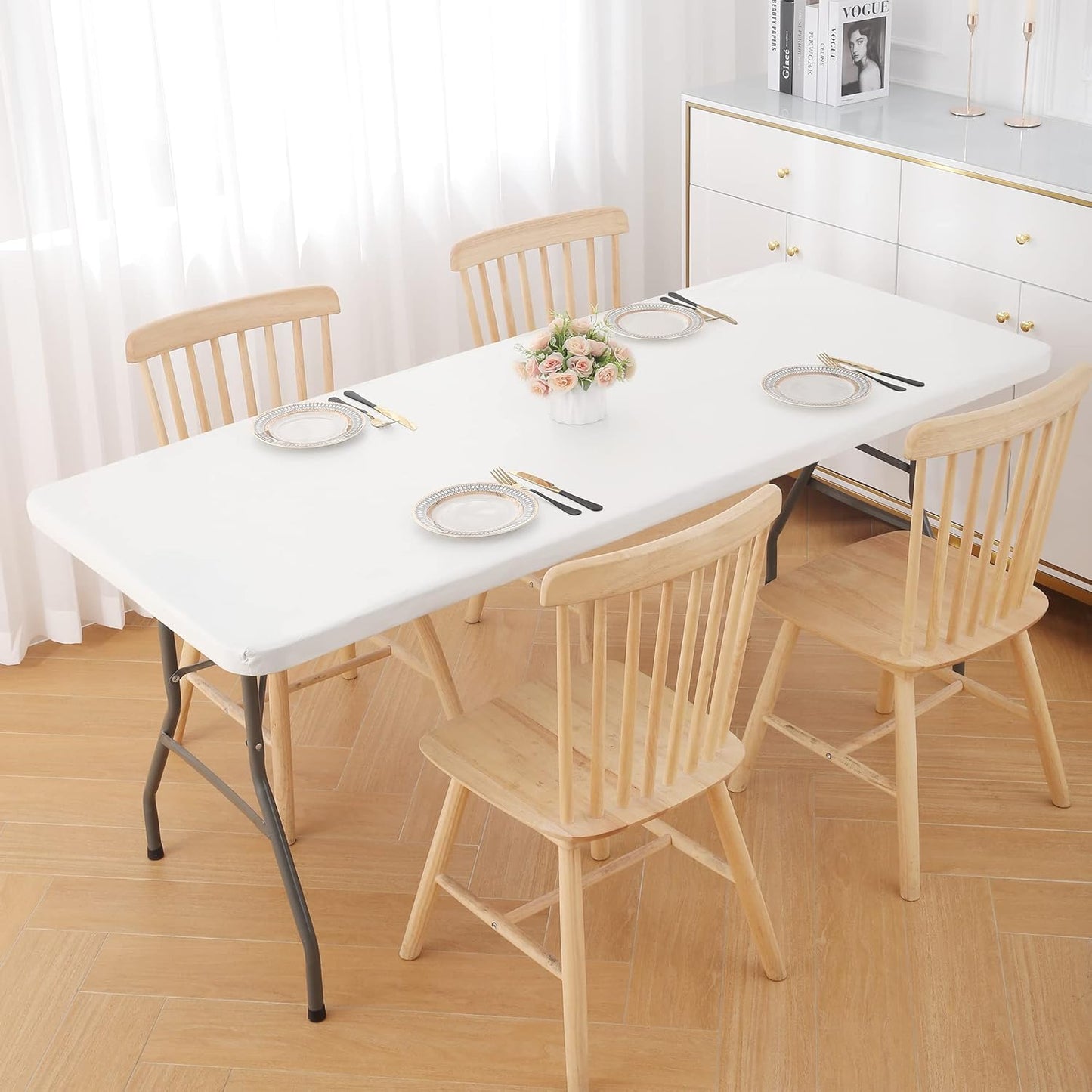 Smiry Rectangle Tablecloth, Elastic Fitted Flannel Backed Vinyl Tablecloths for 4ft Folding Tables, Waterproof Wipeable Table Covers for Indoor, Outdoor, Picnic and Camping (White, 30"x48")