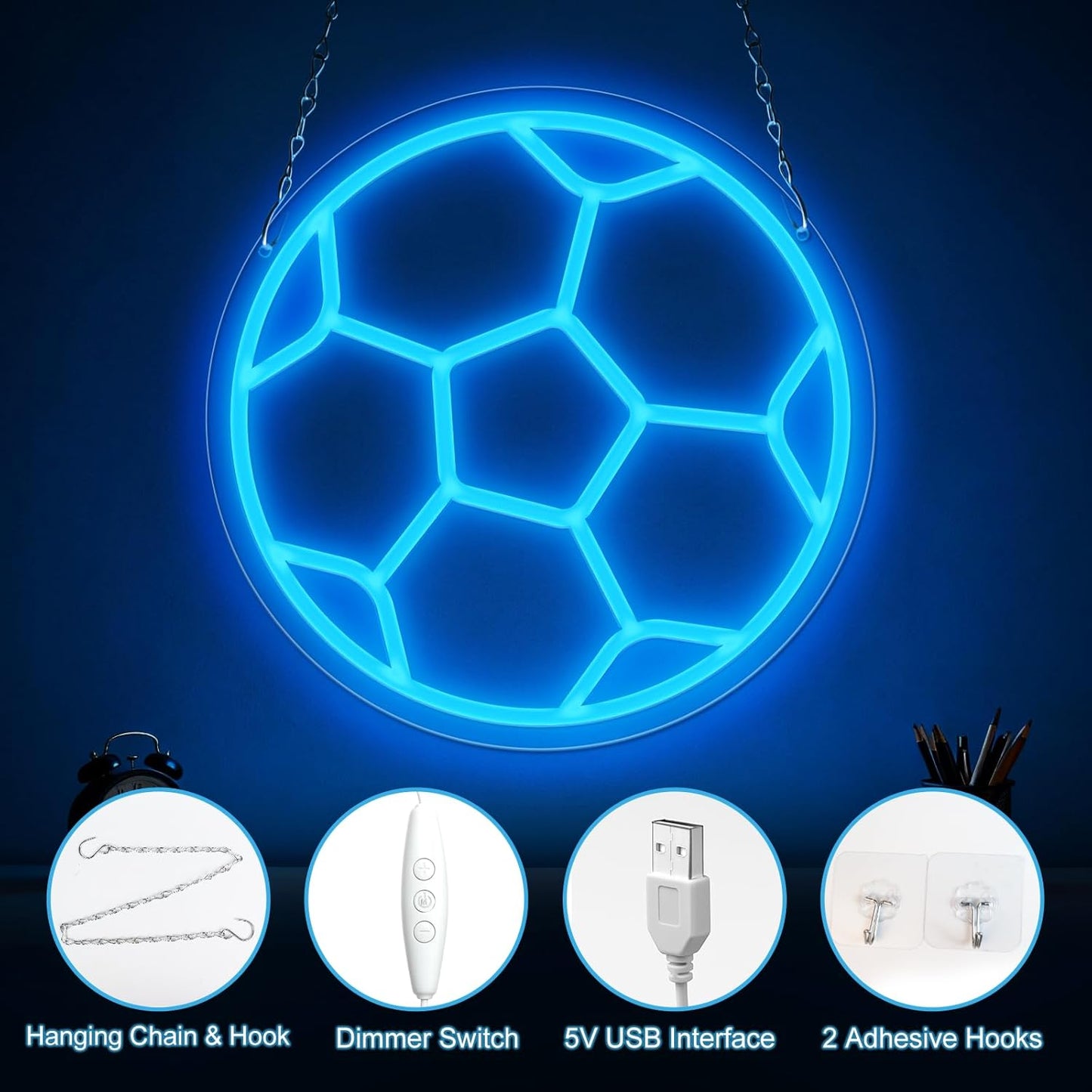 Soccer Neon Sign,Soccer LED Neon Signs for Wall Decor, Dimmable USB-Powered Football Light with ON/OFF Switch for Bedroom, Living Room, Game Room, Club, Kids Holiday Gifts