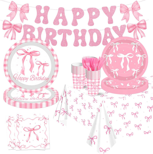 142Pcs Pink Bow Birthday Party Supplies Kit,Lncludesice Bow Themed Plates Cups Napkins Cutlery Tablecloth and Banner, for Bridal Engagement Princess Birthday Party Decorations,Serve 20
