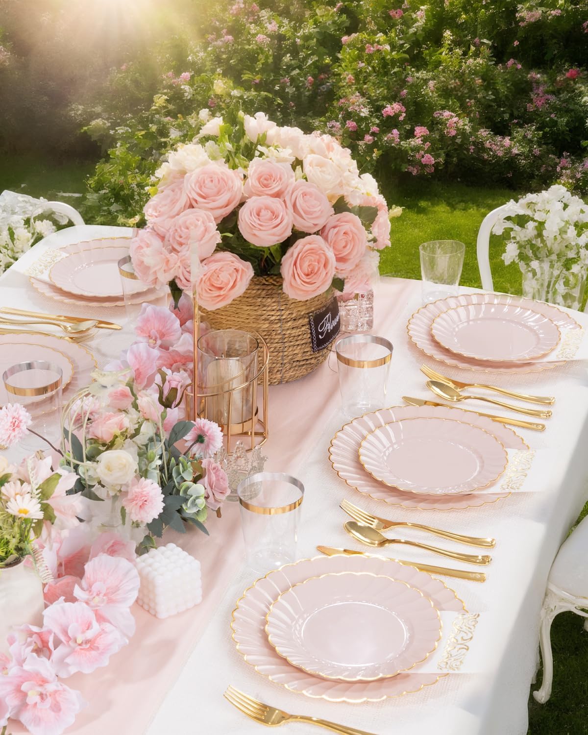YOUBET 175PCS Pink Scalloped Plastic Plates - Gold Disposable Dinnerware Set Include 50 Plates, 75 Gold Silverware, 25 Cups, 25 Napkins for Party & Wedding & Baby Shower