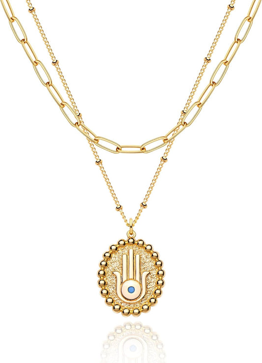 MEVECCO Layered Heart Necklace Pendant Handmade 18k Gold Plated Dainty Gold Choker Arrow Bar Layering Long Necklace for Women