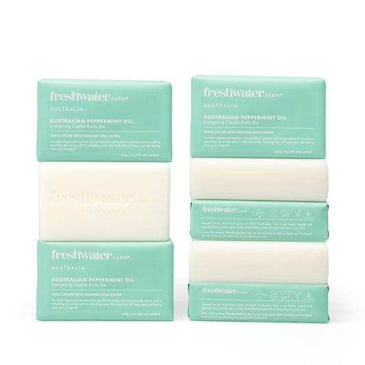 Freshwater Farm Australia Energizing Castile Natural Bar Soap for Women Men - Australian Peppermint Oil - Nourishing Essential Oils For Dry, Sensitive Skin - Natural Bar Soap, Body Soap - 7 oz 8PK