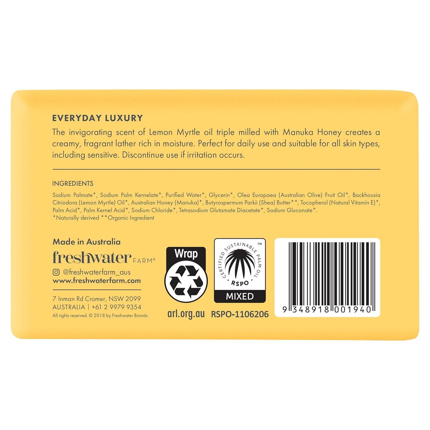 Freshwater Farm Australia Lem Myrt Manu Honey Body Bar, 7 OZ