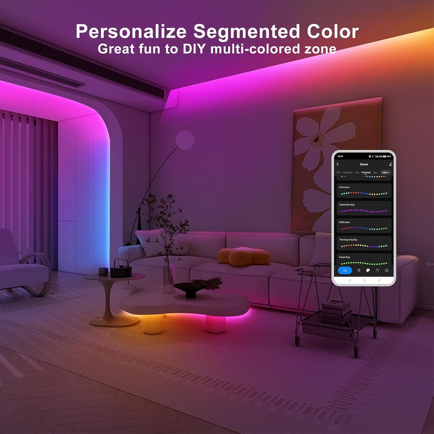 32.8ft Bluetooth RGB+IC COB Led Strip Light with App, Chasing COB Light Strip, Segmented Control, Music Sync, Color Changing Led Lights for Home Decor, Gaming, Cabinet, Desk