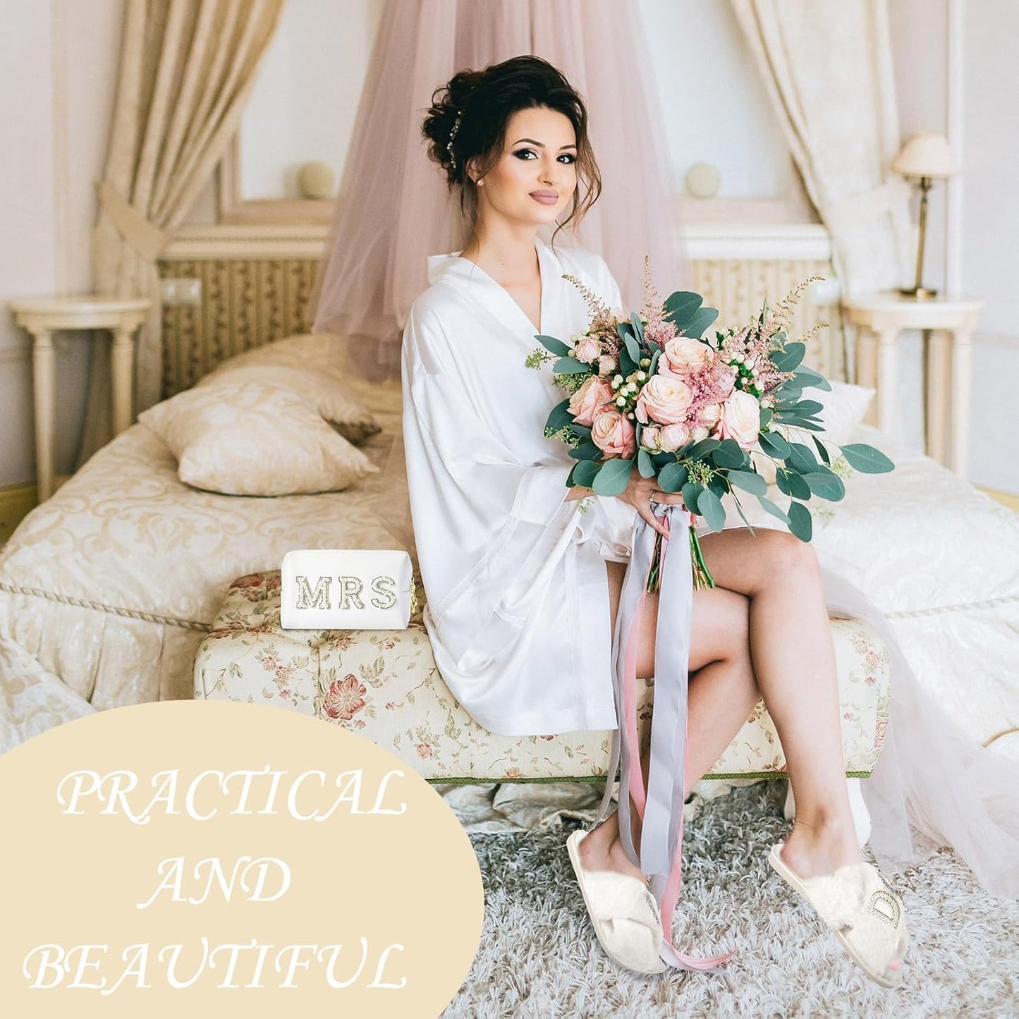 Bride To Be Gift Set - Makeup Bag, Slippers, Robe, Hair Clip - Wedding Gifts