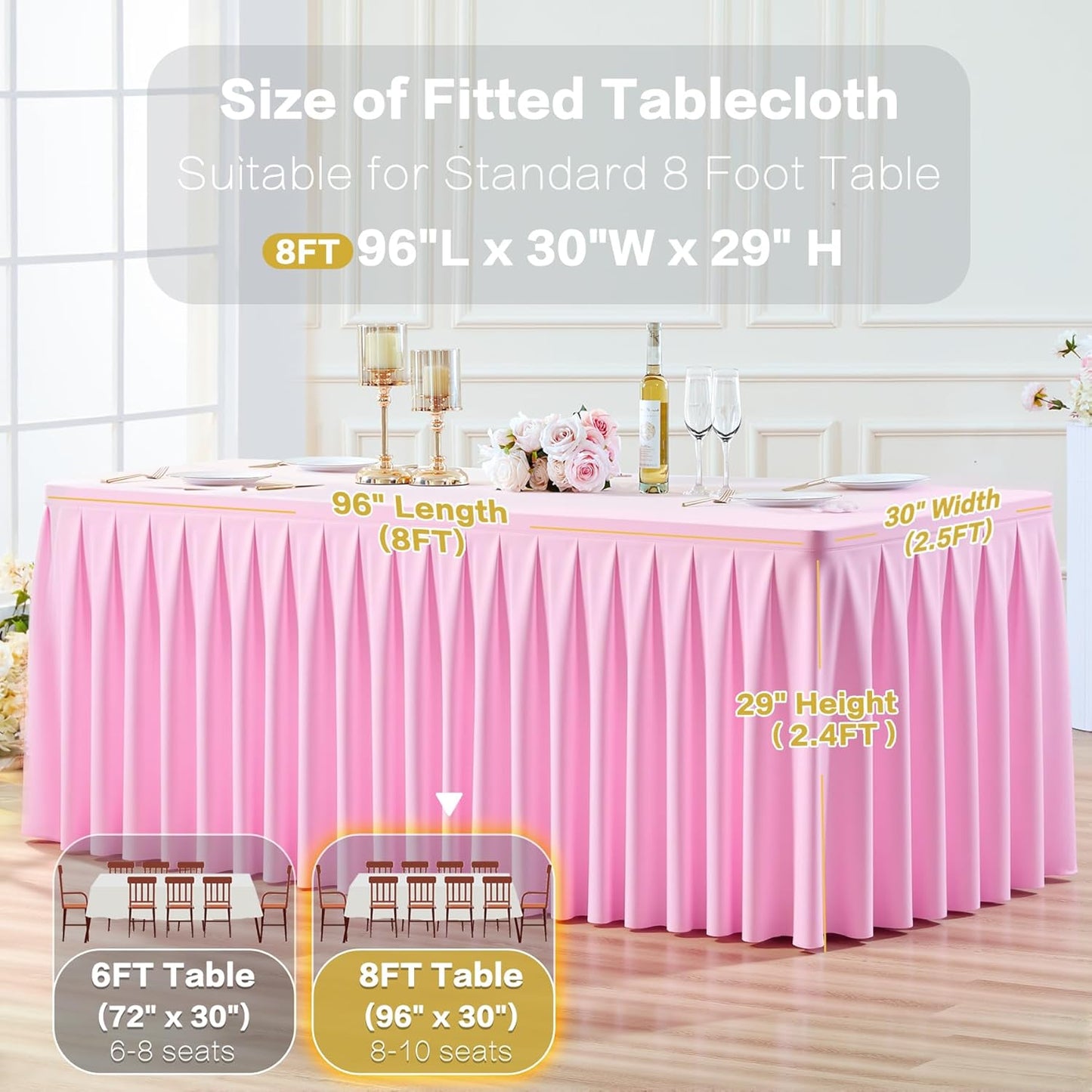 2 Pack Pink Rectangle Tablecloth 8 FT Stretch Spandex Fitted Table Cloth for 8 Foot Rectangle Tables Banquet Tablecloths Wrinkle Free Table Cover Skirt Ruffle Tablecloth for Party Wedding Birthday