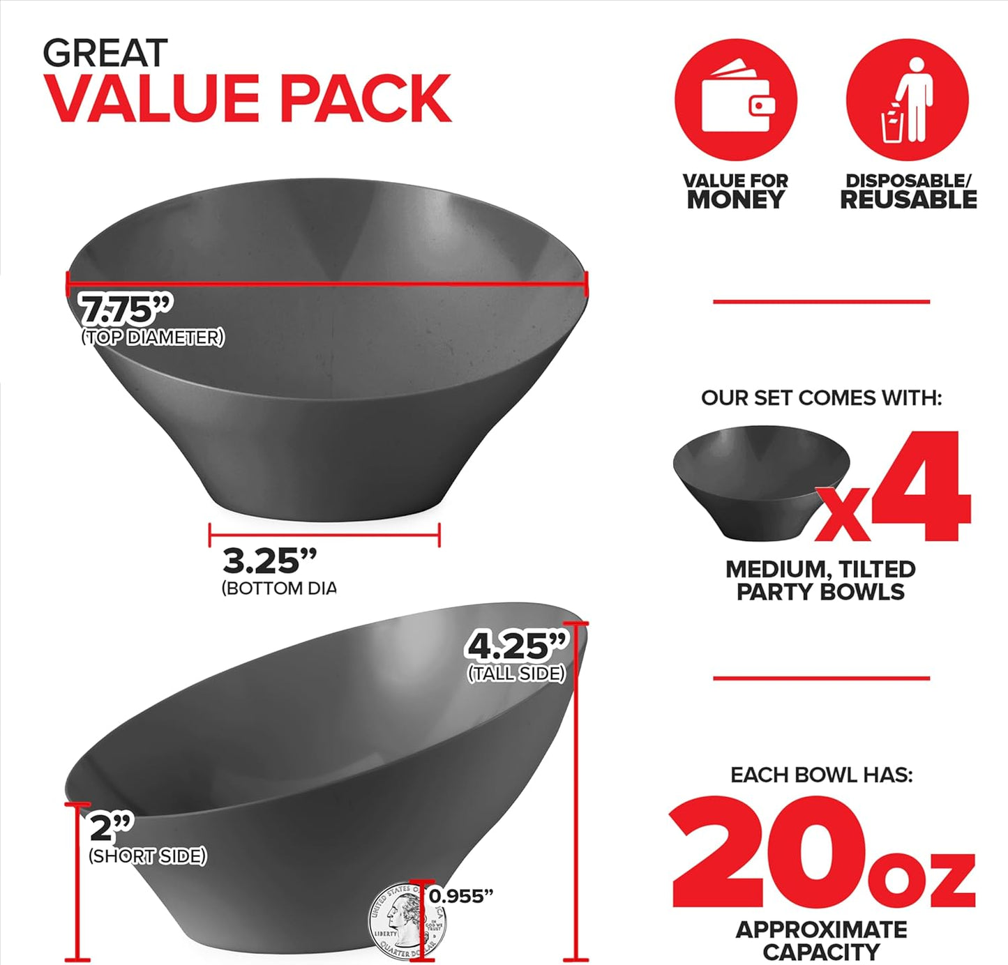 20oz Black Plastic Serving Bowls (4 Pack) Medium Disposable Snack Bowl Candy Dishes, Buffet Containers for Chips, Popcorn, Snacks, Mints, Salad Bar, Parties, Office Desk, Bridal Shower, Party Supplies