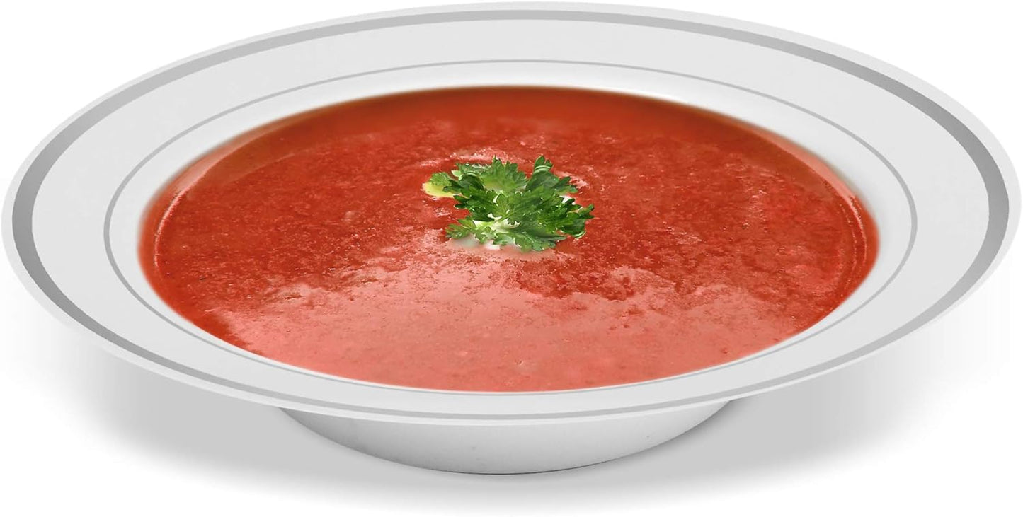 BloominGoods 50 Disposable White Silver Rimmed Plastic Soup Bowls | 14 oz. Premium Heavy Duty Disposable Dinnerware with Real China Design | Safe & Reusable (50-Pack White/Silver Trim)