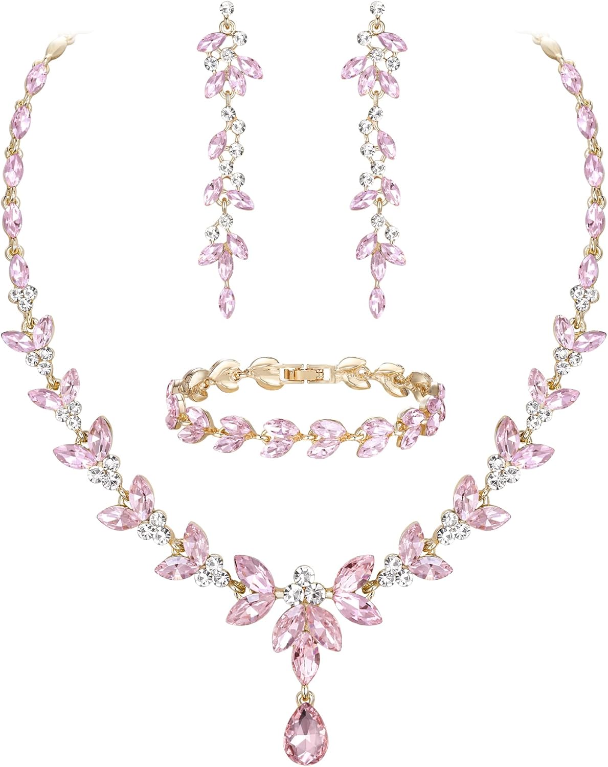 EVER FAITH Austrian Crystal Bridal Bridesmaid Jewelry Sets, Elegant Marquise Rhinestone Leaf Necklace Dangle Earrings Tennis Bracelet Set for Women