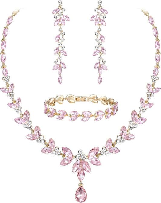 EVER FAITH Austrian Crystal Bridal Bridesmaid Jewelry Sets, Elegant Marquise Rhinestone Leaf Necklace Dangle Earrings Tennis Bracelet Set for Women