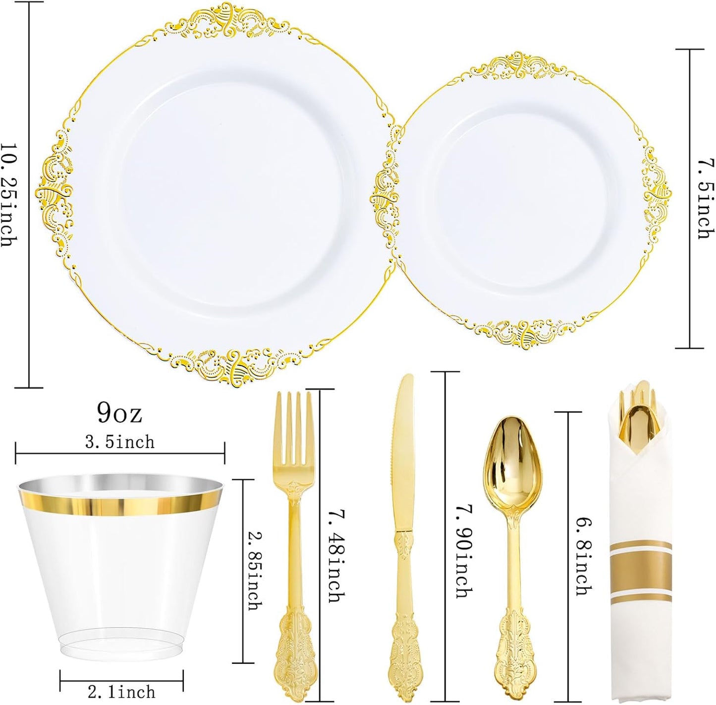 Nervure 175PCS Gold Plastic Plates - Disposable White Gold Party Plates & Pre Rolled Napkins with Cutlery for 25 Guests, 50Plates, 75Silverware, 25Cups, 25Napkin for Wedding & Party & Thanksgiving