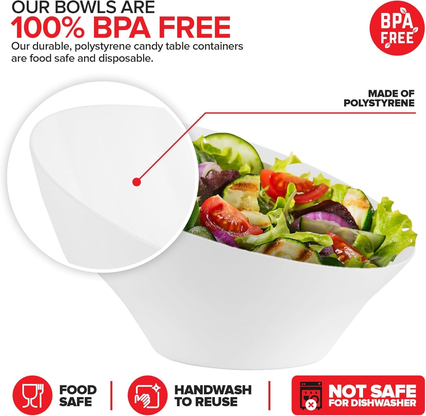 54oz White Plastic Serving Bowls (4 Pack) Large Disposable Snack Bowl Candy Dishes, Buffet Containers, Chips, Popcorn, Snacks, Punch, Salad Bar, Parties, Office Desk, Bridal Shower, Party Supplies