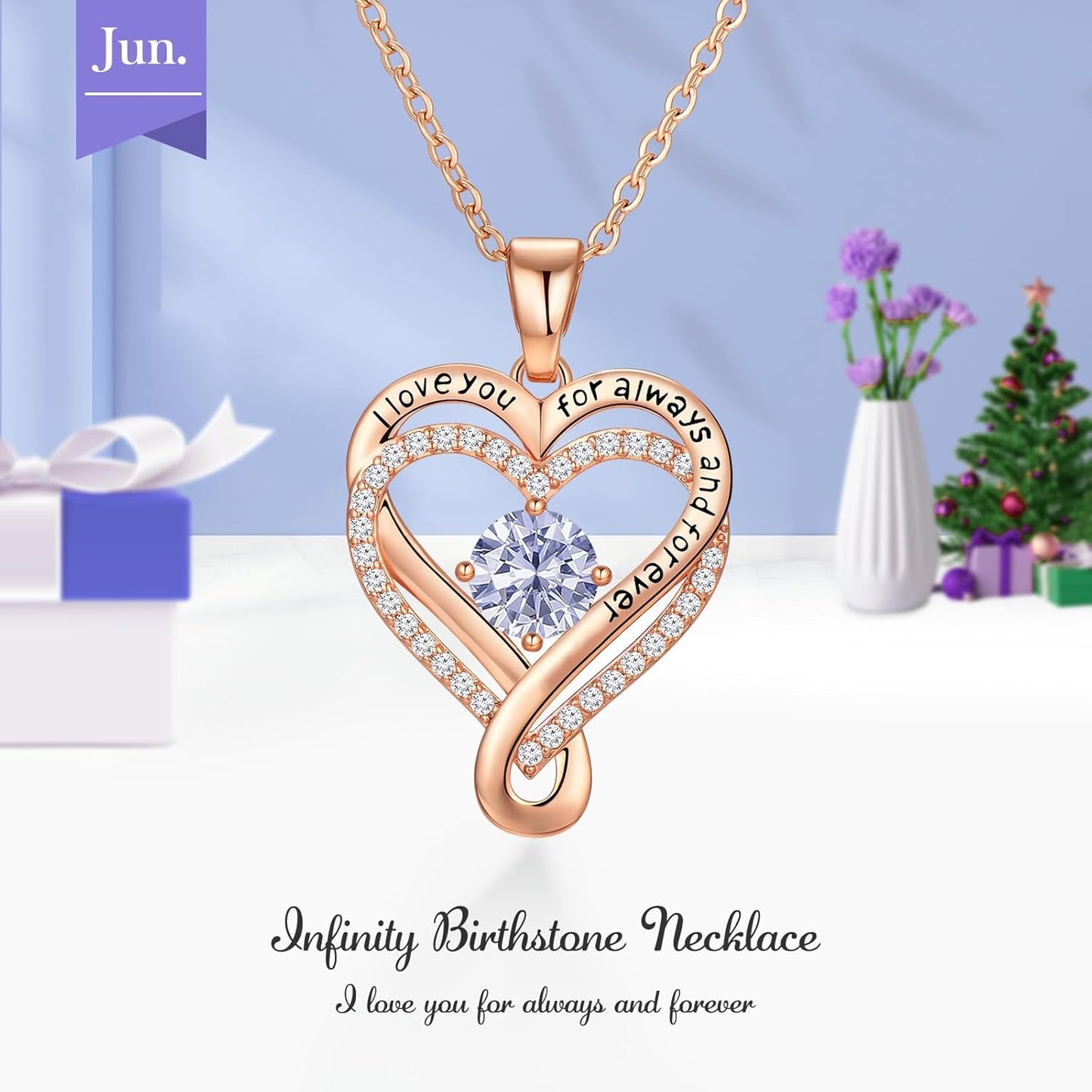18K Rose Gold Infinity Love Heart Birthstone Necklace for Women Wife, Anniversary for Women Wife Birthday Gift for Her Girlfriend Mom Daughters, I Love You Women's Jewelry S925 Sterling Silver