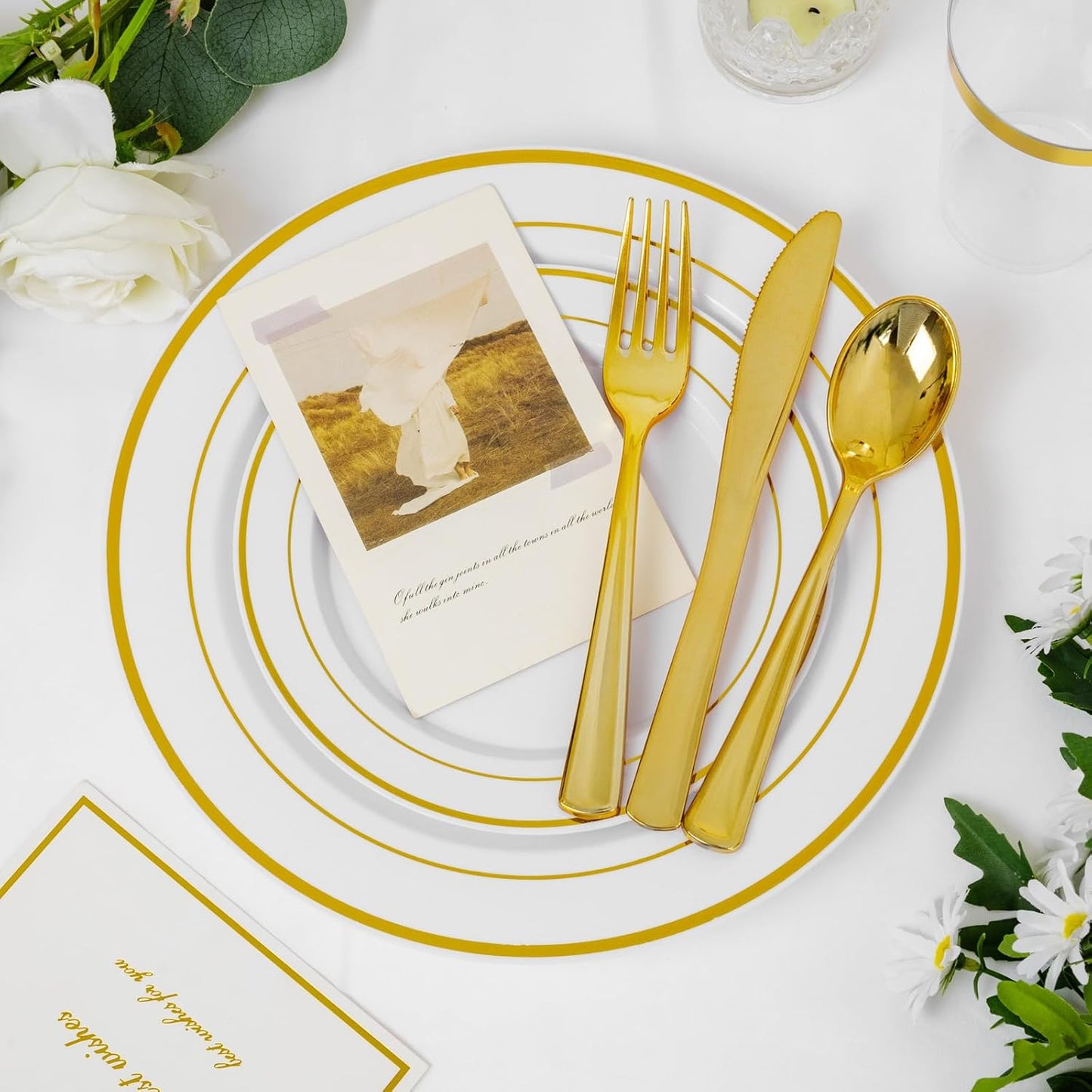 Supernal 400pcs Gold Plastic Dinnerware Set for 50 Guests-Gold Plastic Plates Heavy Duty Disposable Party Plates, 200 Gold Plastic Silverware, Linen Napkins, Clear Cups For Wedding,Birthday