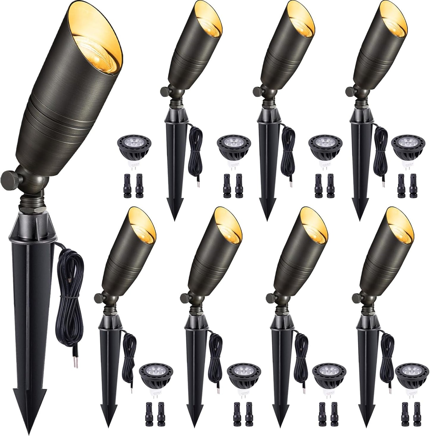 Gardenreet Spot Light Brass - Outdoor Landscape Spotlights LED, 12V Low Voltage Landscaping Uplights, Hard-Wired All Weather Bronze for Backyard Lawn with Cold White Changeable Bulbs (8 Pack)
