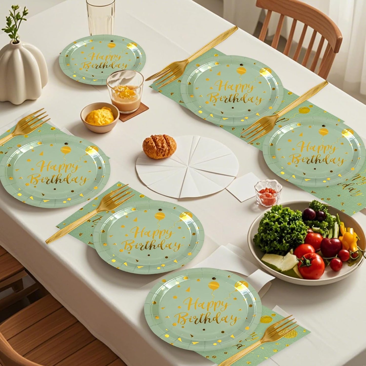 48PCS Happy Birthday Plates and Napkins Party Supplies, Sage Green and Gold Disposable Paper Plates and Napkins with Forks Tableware Set for Birthday Party Decorations 16 Guests (Sage Green)