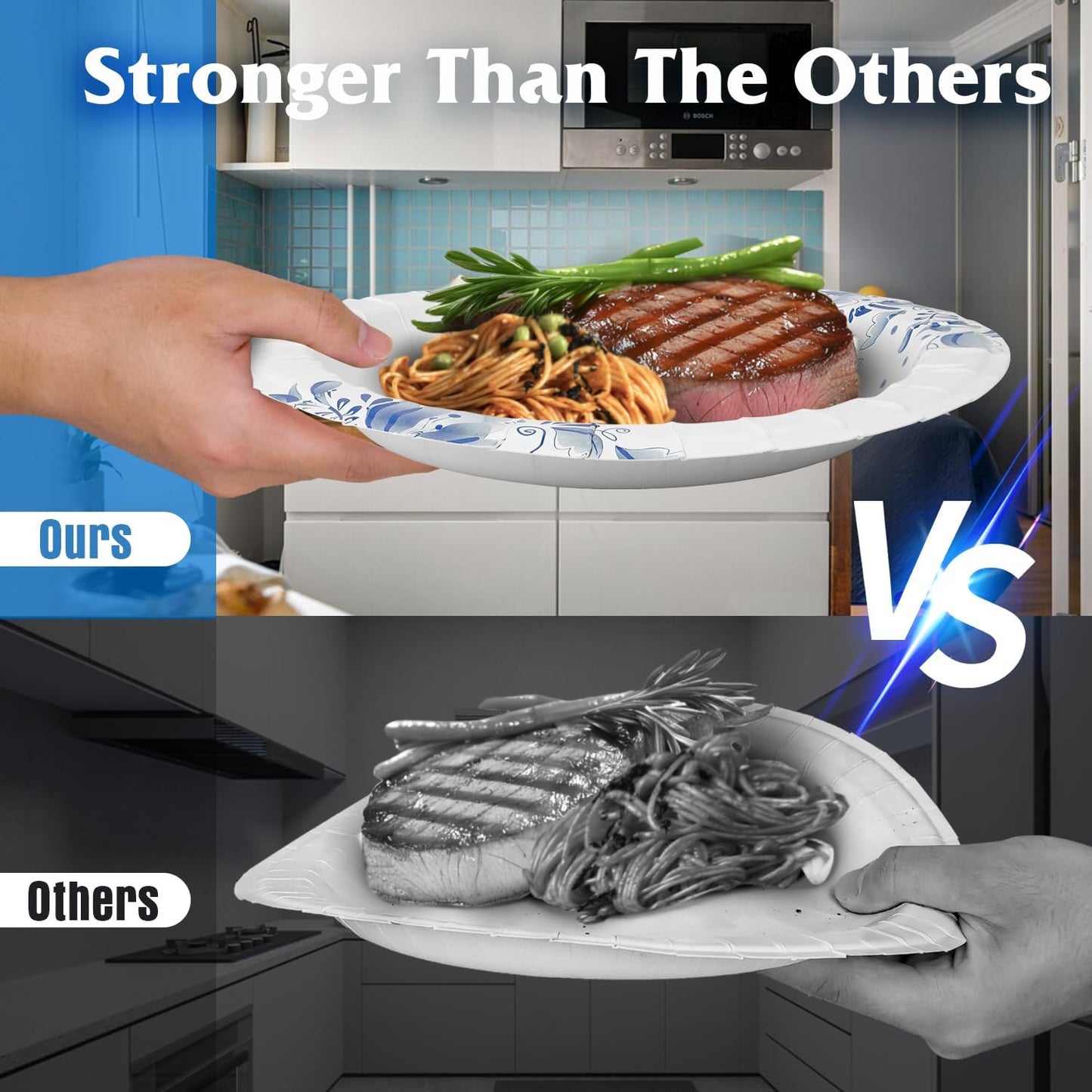 Charmount 10 Inch Large Blue Paper Plates, 300pcs Disposable Plates for Parties and Daily Use, Soak Proof, Cut Proof, Flower Printed