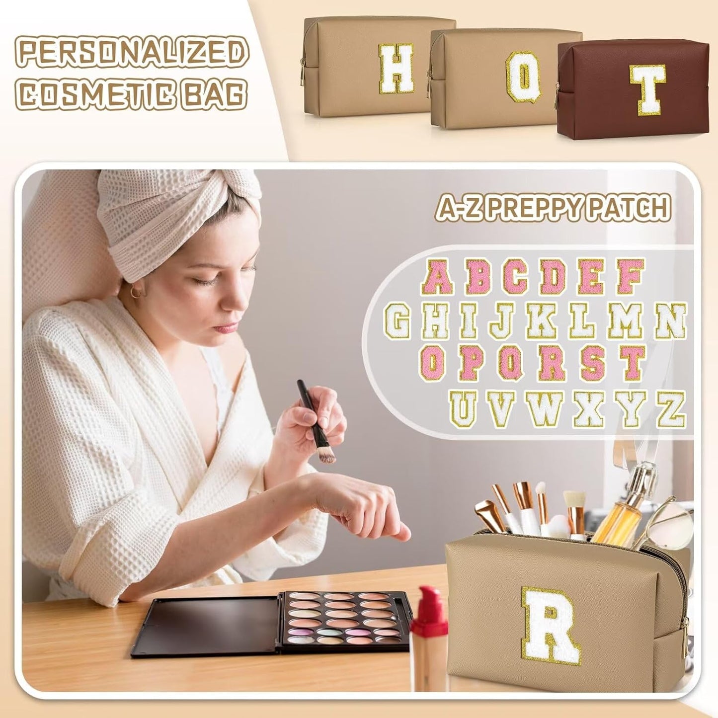 TOPEAST Initial Makeup Bags for Women, Personalized Portable Cosmetic Bag with Zipper, Cute Makeup Pouch, Bridesmaid Gifts for Wedding Day, Girl Trendy Stuff(Khaki X)