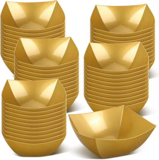 Tanlade 50 Pcs Square Plastic Serving Bowls Disposable Snack Salad Bowl Small Party Candy Bar Containers Taco Bar Serving Dishes for Buffet Chips Fruit(Gold,8 oz)