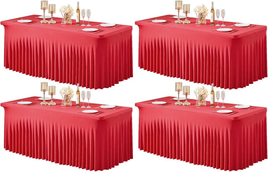 4 Packs Red Table Clothes for 6 Foot Rectangle Tables, One-Piece Wrinkle Resistant Stretch Spandex Table Covers Valentines Table Skirt for Event Banquet Wedding Birthday Party