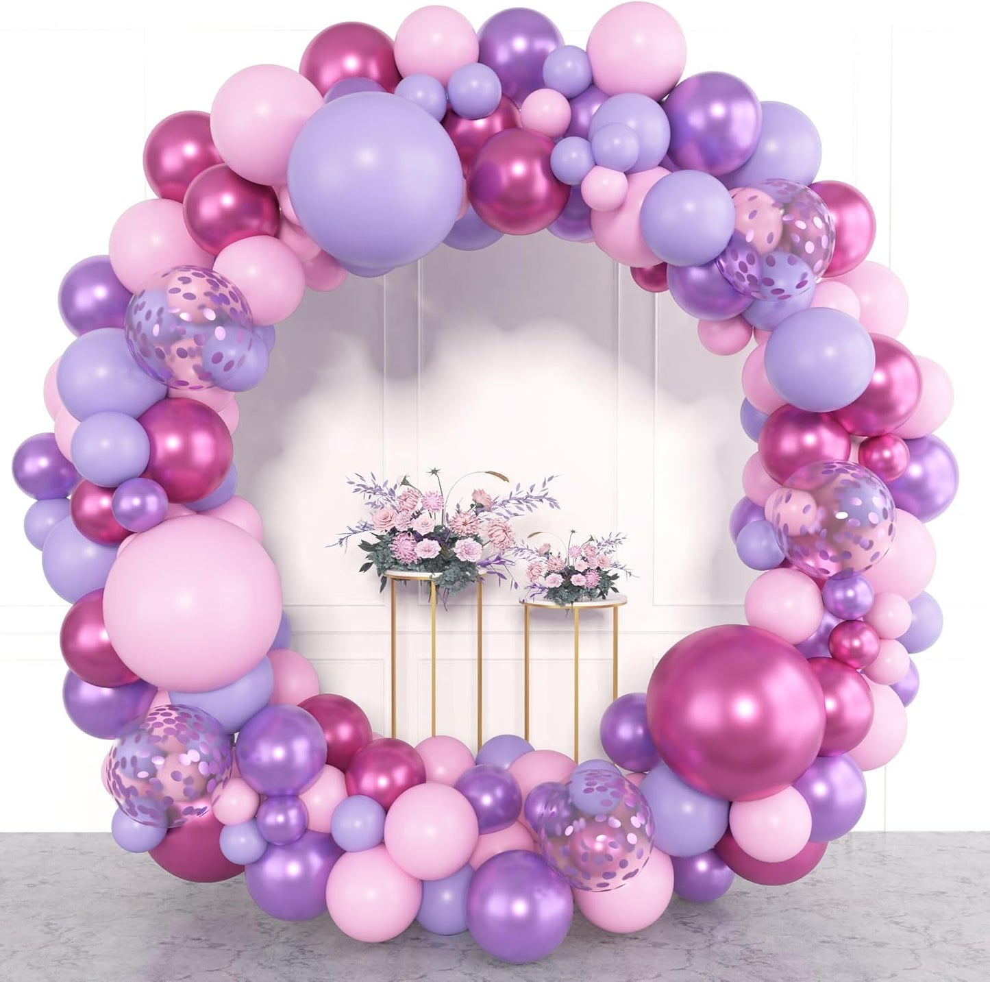Amandir 153pcs Pink Purple Balloon Garland Arch Kit, Different Sizes 18 12 10 5 inch Pink Purple Red Latex Metallic Confetti Purple Balloons for Girl Women Birthday Bridal Baby Shower Party Decoration