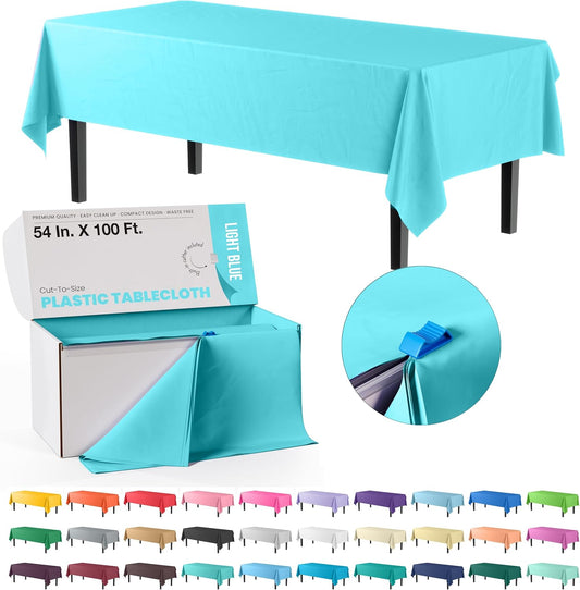 Exquisite Light Blue Plastic 54x100in Table Cover Roll with Built-in Cutter - 100 Feet, Disposable, Waterproof, All-Season, Rectangular