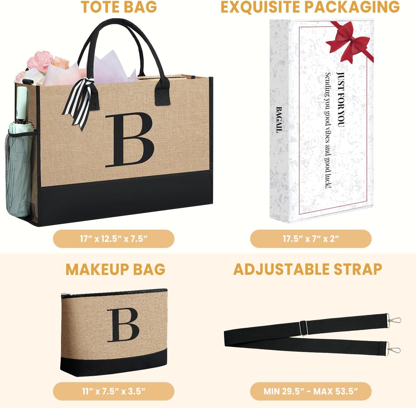 BAGAIL Initial Tote Bag, Personalized Birthday Gifts for Women, Teacher, Friends, Mom, Wedding, Monogrammed Beach Bag