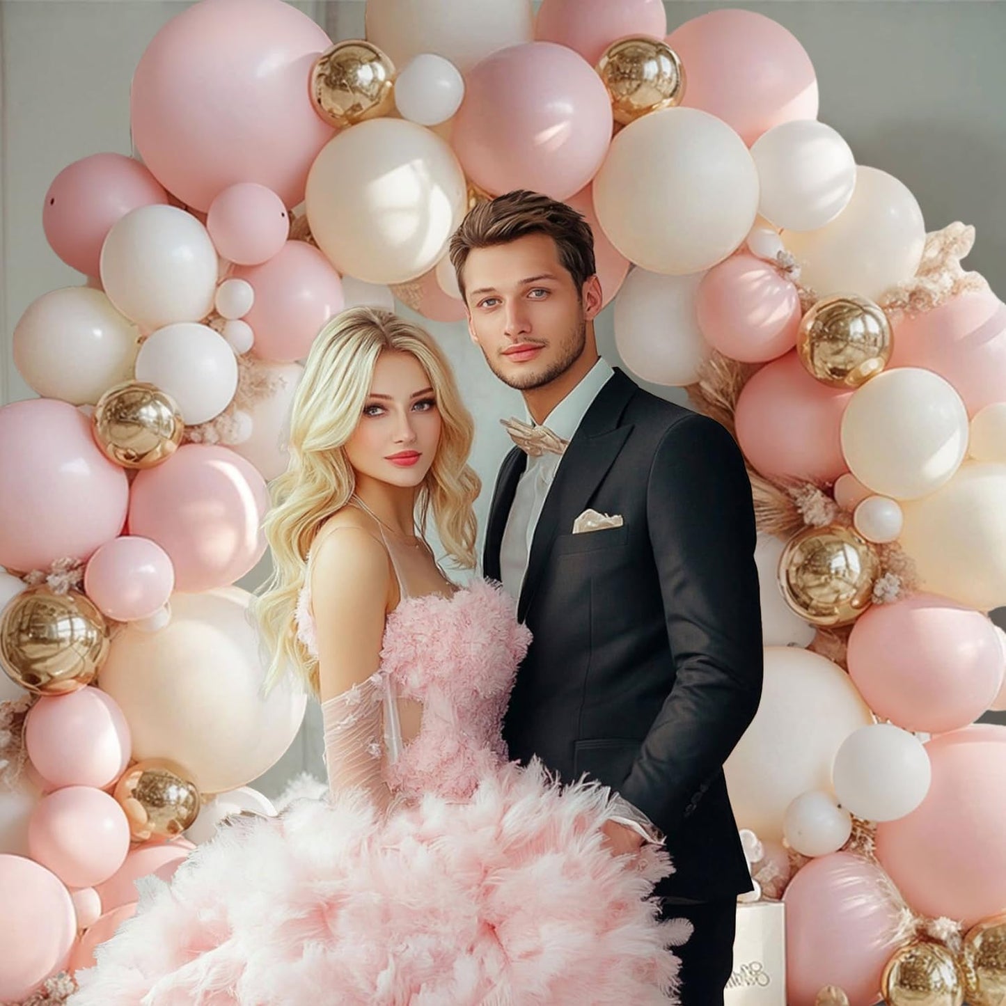 Pink Beige White Balloons Arch Kit, Light Pastel Pink Beige Sand White Chrome Gold Bobo Balloons for Engagement Wedding Bridal Shower Birthday Princess Party Decorations