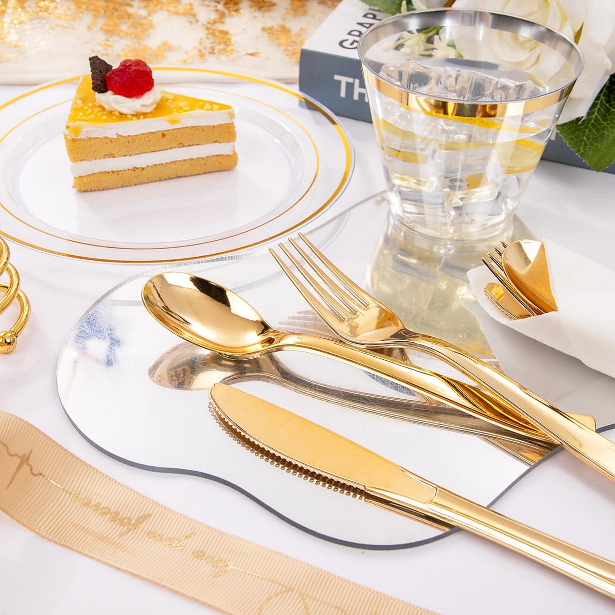 DaYammi 350PCS Clear Gold Plastic Dinnerware Set for 50 Guests, Thanksgiving Plates Disposable, Include: 50 Dinner Plates, 50 Dessert Plates, 50 Pre Rolled Napkins with Gold Silverware, 50 Cups