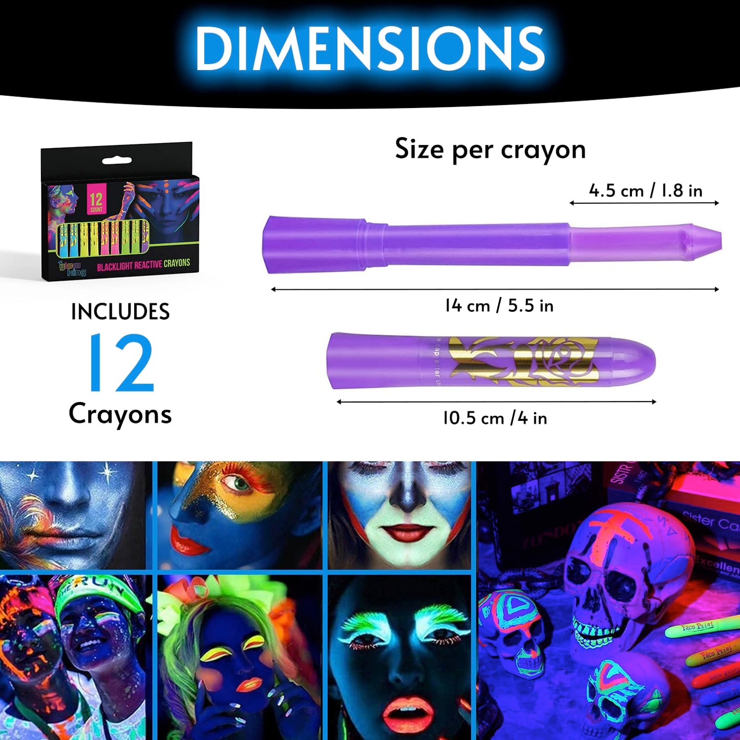 Glow King Blacklight Reactive Crayons | Glow in the Dark Paint for Face and Body | Intense Luminous Sticks for Fluorescent Parties | Colorful UV Makeup Neon Gift | Glow Markers Accessories - 12 Pcs