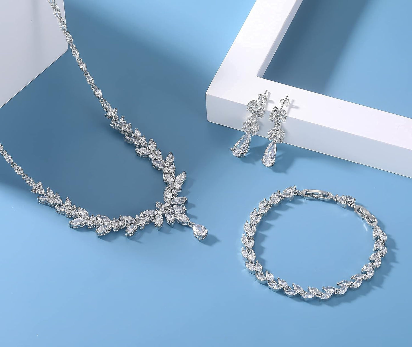 Jewelry Set for Women, Cubic Zirconia Necklace Dangle Earrings & Bracelet Jewelry Set for Bride Bridesmaid Wedding Engagement Prom Party