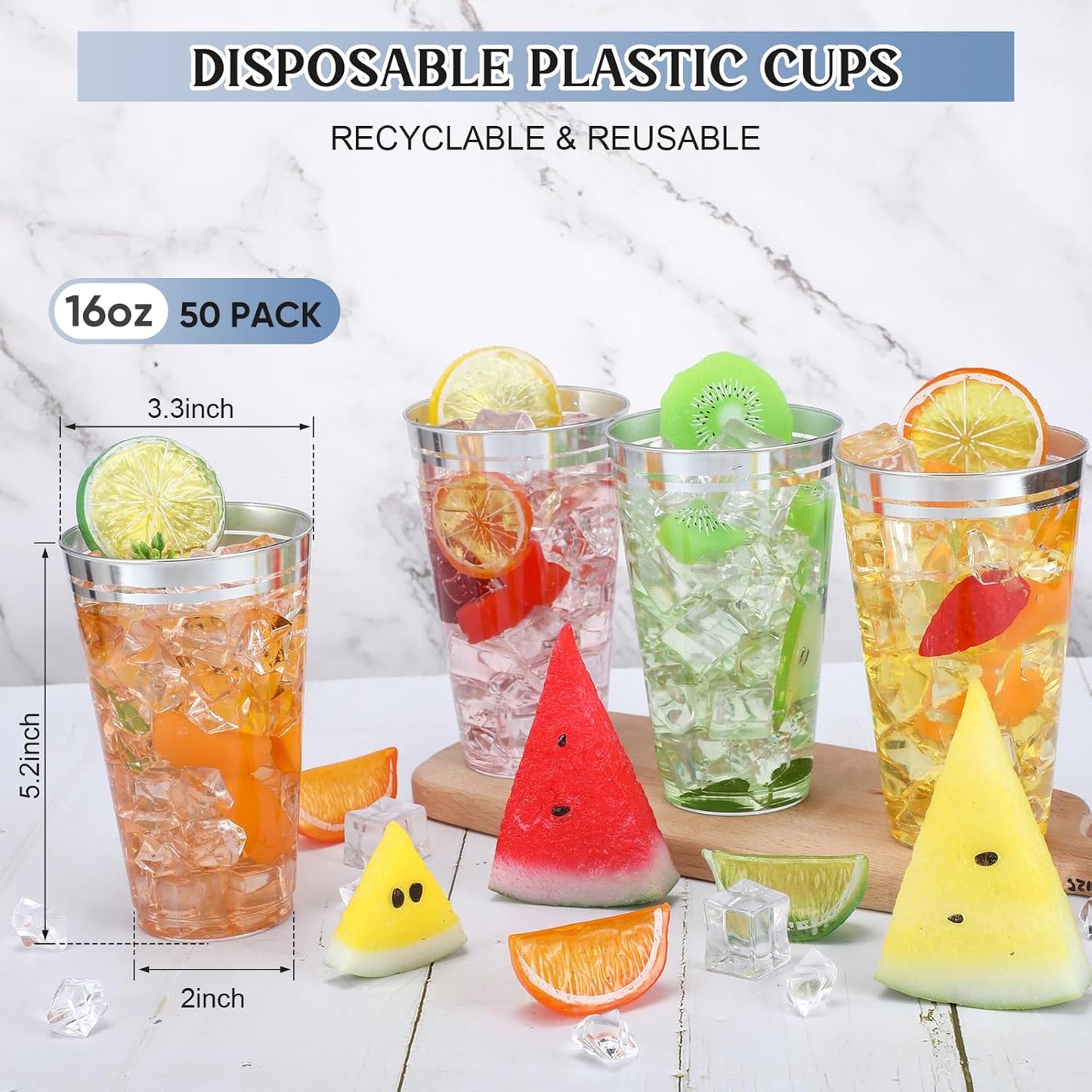 Sliner 50 Pcs Hard Plastic Cups Double Rimmed Plastic Cups Heavy Duty Fancy Disposable Wine Glasses for Holiday Wedding Graduation Birthdays Christmas Valentine Parties(16 Oz,Silver)