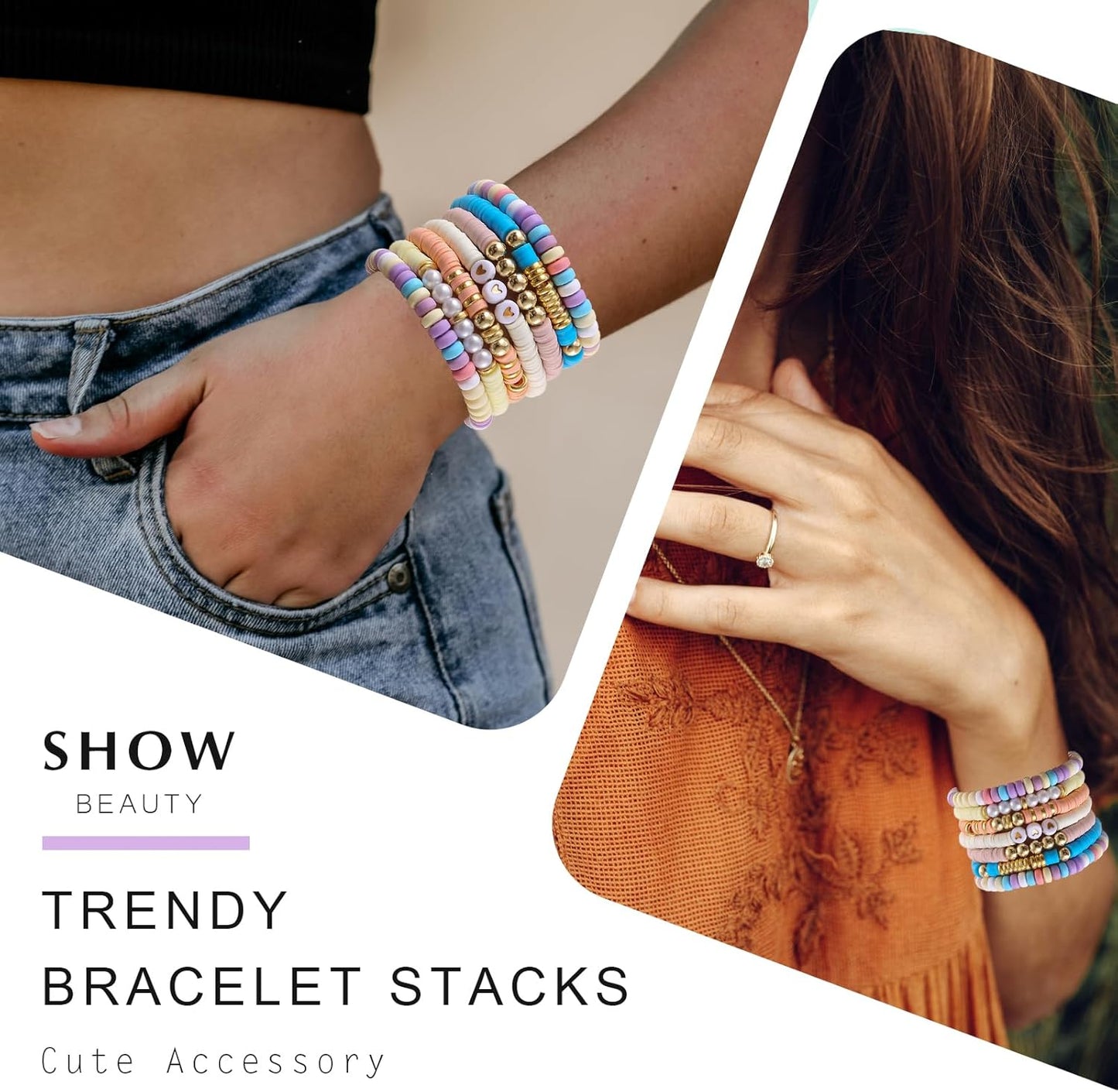 Friendship Bracelets Trendy Heishi Clay Bead Bracelets Stack Gold Beaded Stretch Bracelets for Women Boho Stackable Bracelets Bulk Cute Preppy Jewelry