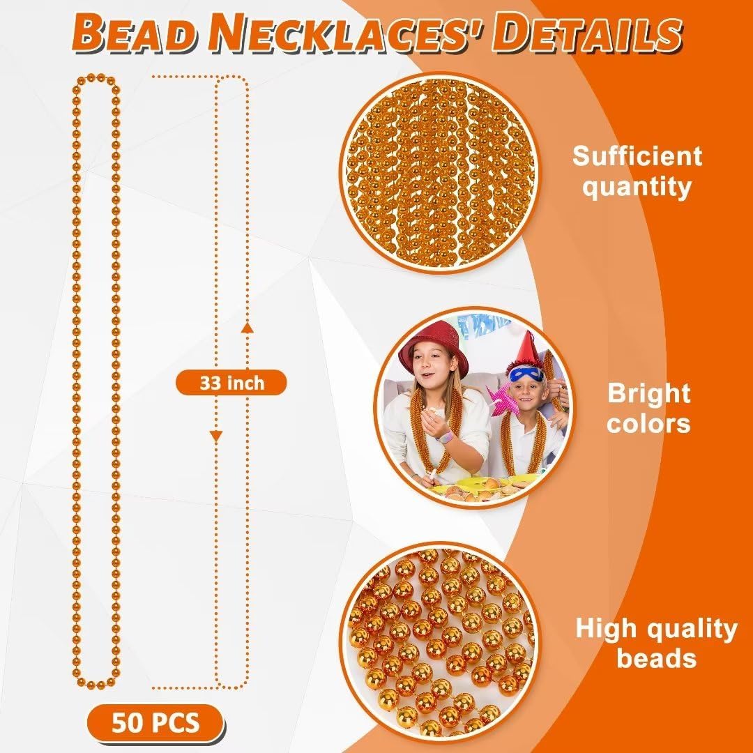 50PCS Bead Necklace, Orange Bead Necklaces Party Favors Bulk, 33" Mardi Gras Necklaces, Festival Parade Throw Accessories for Mardi Gras Halloween Wedding Party Celebrations Decorations
