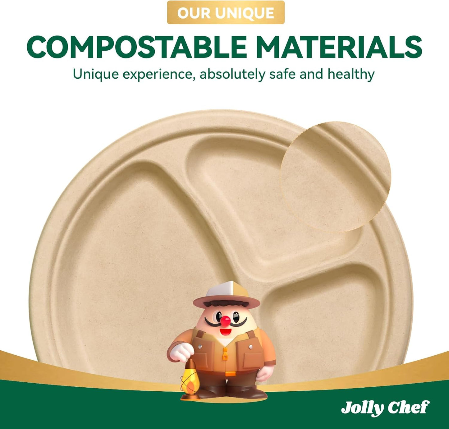 JOLLY CHEF Compostable 𝟯 Compartment Paper Plates 𝟭𝟬 𝗜𝗻𝗰𝗵 [𝟭𝟮𝟱 𝗣𝗮𝗰𝗸] Heavy Duty Divided Disposable Eco-Friendly Bagasse Biodegradable Round Trays for Party Dinner Thanksgiving Day(Brown)