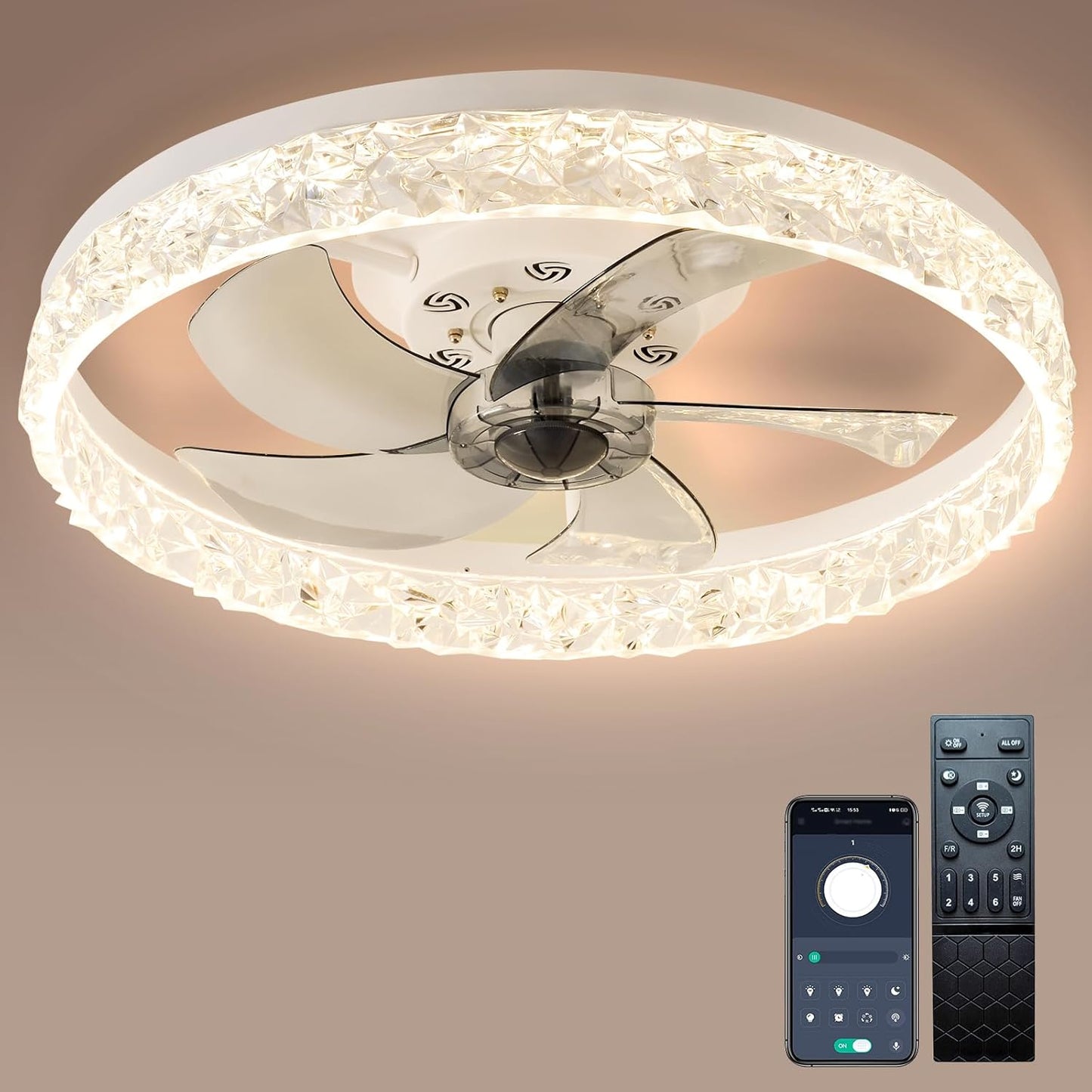 20" Modern Low Profile Ceiling Fan with Light Bedroom LED Ceiling Fan with Remote Control, Bladeless Flush Mount White Fan Lights Ceiling Fixtures for Living Room 3000K-6500K Fan Light