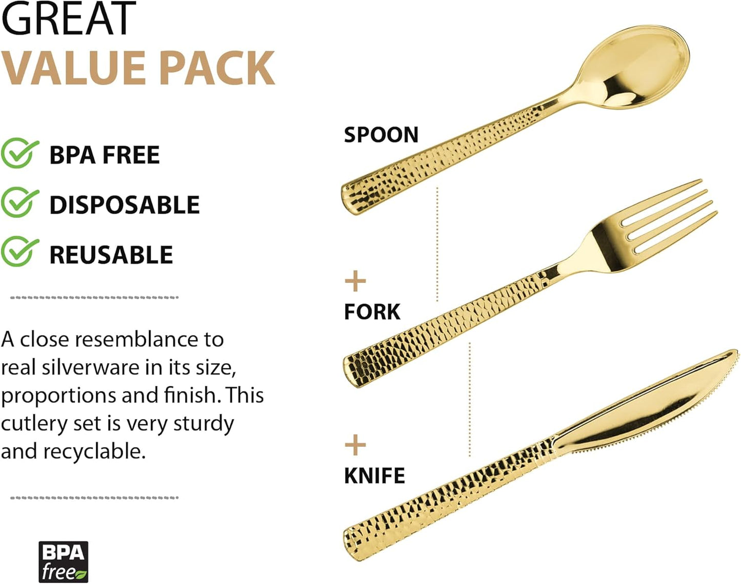 Plastic Cutlery Silverware Extra Heavyweight Disposable Flatware, Full Size Cutlery Combo, Gold Pebbled, 80 Forks, 40 Spoons, 40 Knifes, Value Pack 160 Count