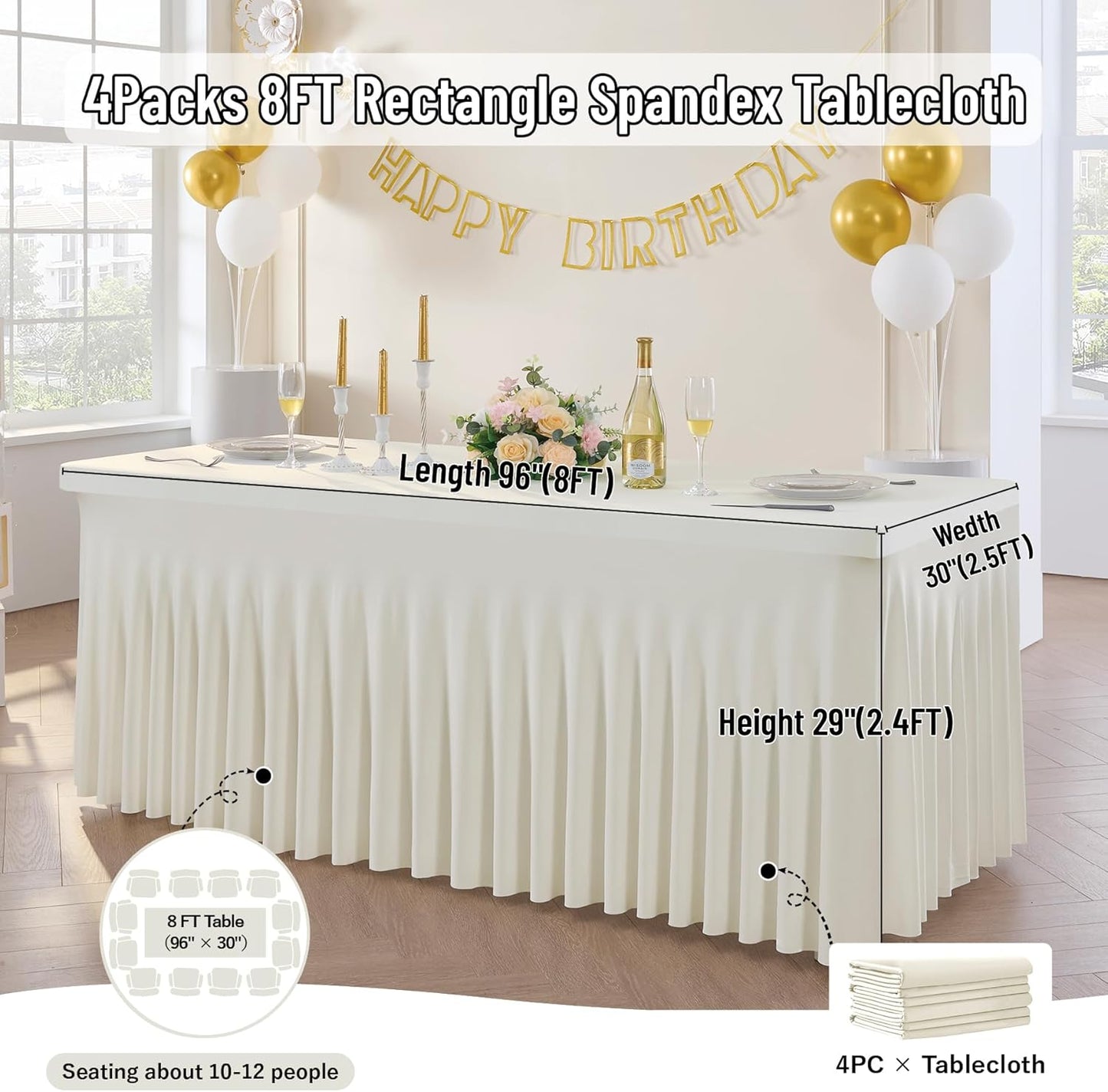 Leegleri 4 Pack Ivory Spandex Tablecloths for 8ft Rectangle Tables, Wrinkle Free Fitted Table Cloths with Skirt for Parties, Weddings, Birthday, Banquet, Baby Shower