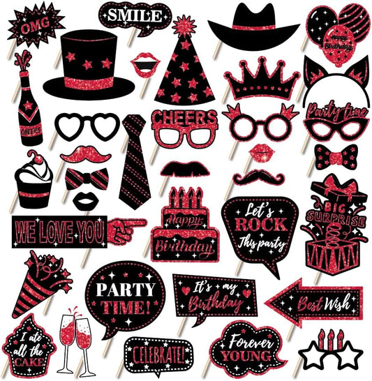 36 PCS Birthday Photo Booth Props Party Supplies Holiday Picture Decorations Photo Booth Props for Birthday Party Favors Pose Sign Kit Fun for Party (Red)