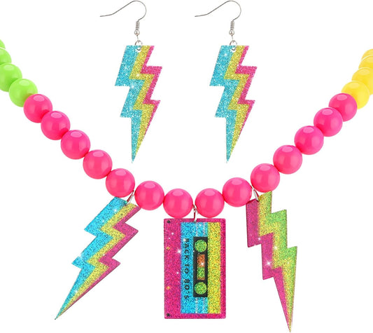 80s Outfits Costume Accessories for Women 80s Necklace Neon Beaded Necklaces for Glow Party Beads Necklaces with Lightning Earrings Tape Neon Jewelry Set for Women 80's Party Favors Decorations
