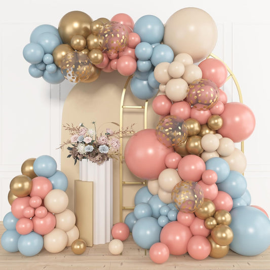 Amandir 153pcs Pink Blue Balloon Garland Arch Kit, Different Sizes 18 12 10 5 inch Dusty Pink Blue Nude Latex Metallic Confetti Gold Balloons for Gender Reveal Neutral Bear Baby Shower Decorations