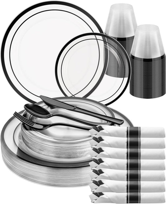 Goodluck 175 Piece Black Plastic Plates, Clear Plastic Silverware Disposable Plates Set, Include 50Plates, 25Pack Pre Rolled Napkins with Silverware, 25Cups for Party, Wedding, Graduation