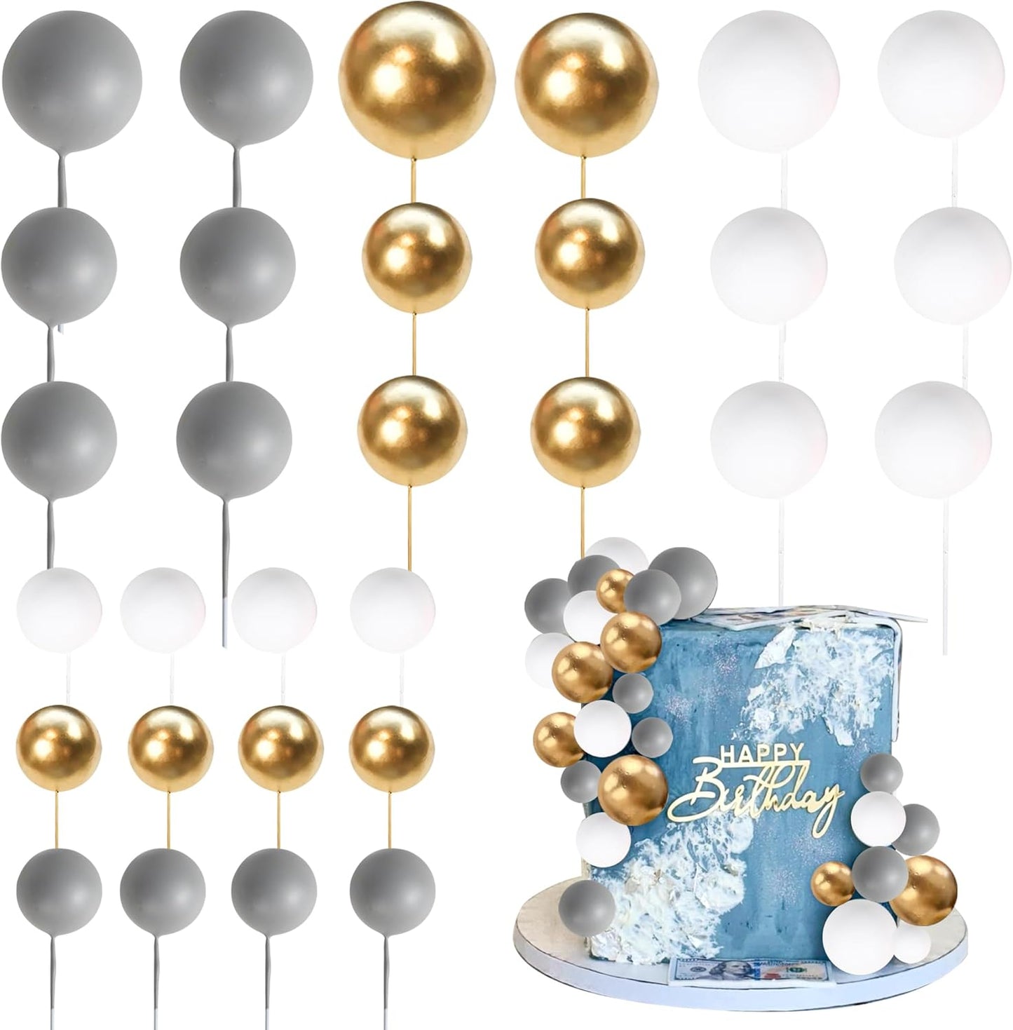 24 PCS Ball Cake Toppers Balls Cupcake Toppers Insert Foam Ball Cake Picks Mini Balloon Cake Decoration for Wedding Baby Shower Birthday Party Cake Decorations Supplies Dark Grey Gold White