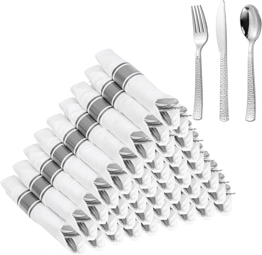 WELLIFE 300PCS Silver Plastic Silverware,Pre Rolled Silverware Set Disposable,Hammer Pattern Design,Disposable Cutlery Includes: 75 Forks, 75 Knives, 75 Spoons, 75 Napkins
