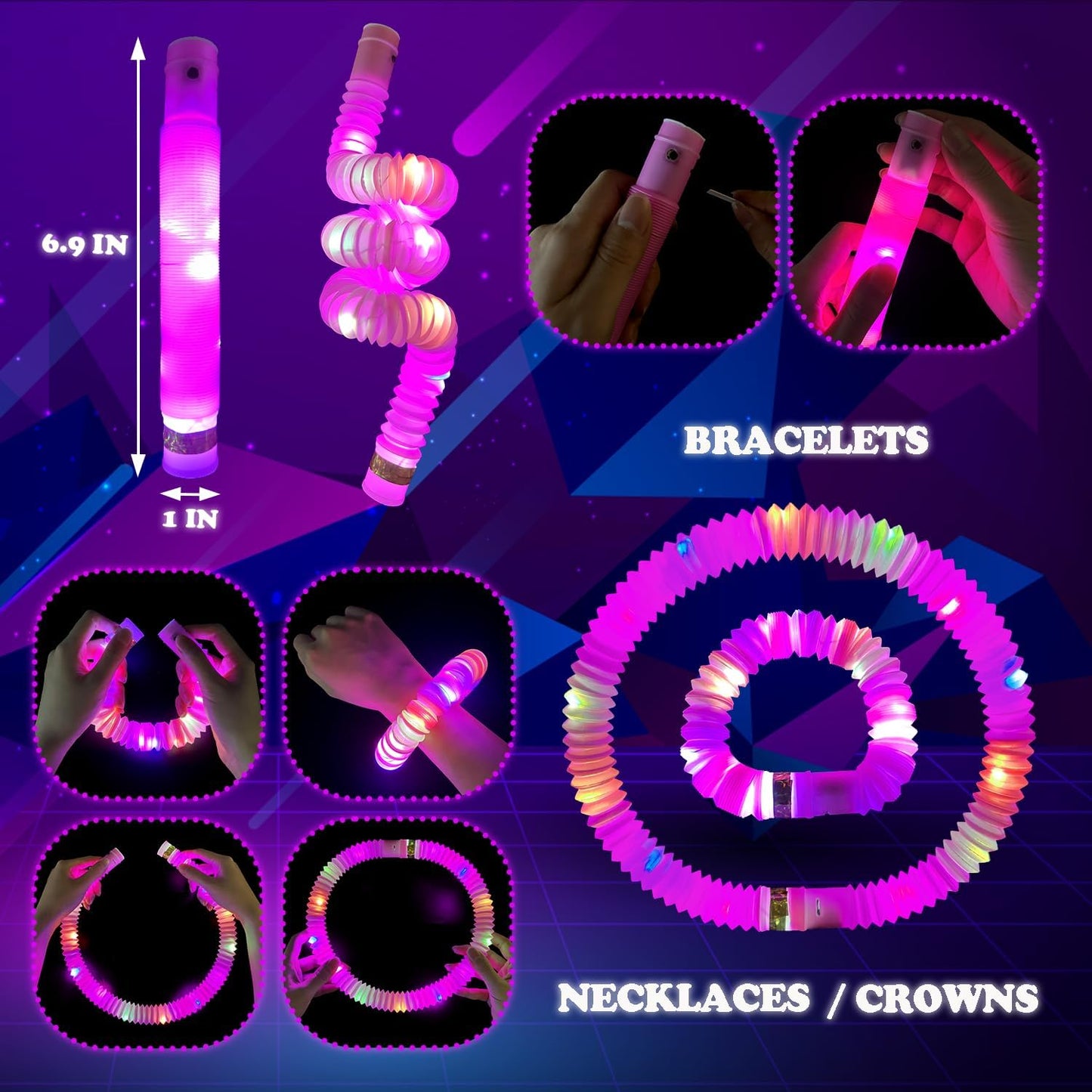 24 PCS Pink Glow Sticks Party Favors for Kids,LED Light up Pop Tubes for Toddlers, Christmas Neon Necklaces Bracelets Accessories,Glow Birthday Dance Wedding Camping Party Supplies Decorations