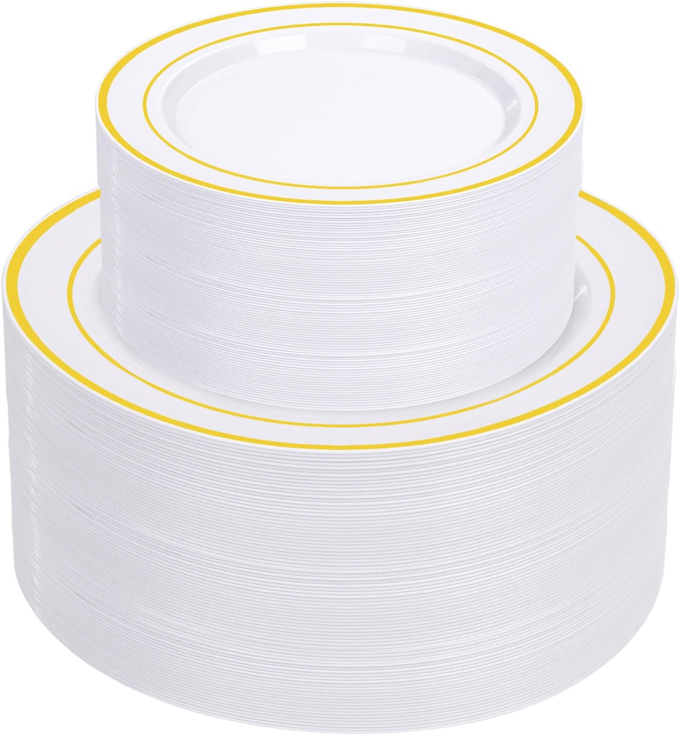Supernal 102pcs White and Gold Plastic Plates Disaposable Party Plates White Gold Rim Heavy duty, Fancy Gold Plastic Dinnerware Set included 51 Dinner & Dessert Plates for Party,Birthday and Wedding