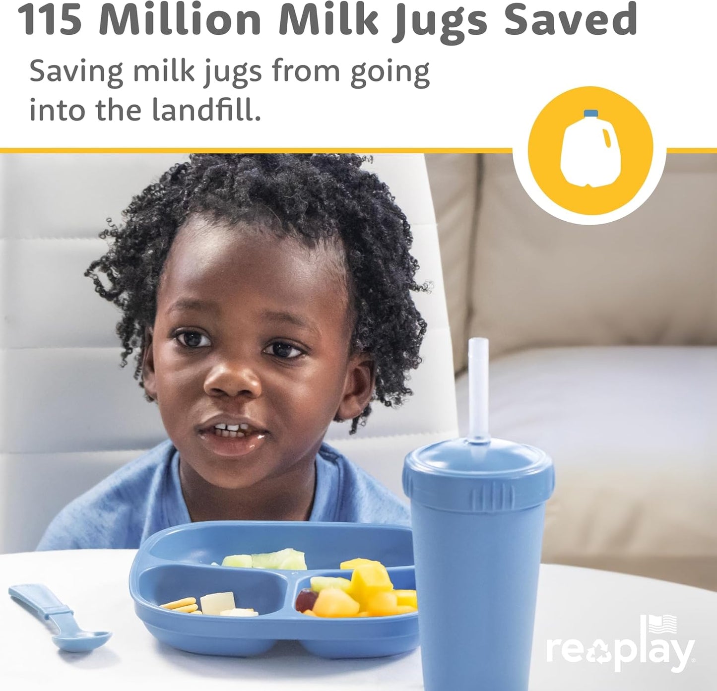 Re-Play Toddler Plates with Dividers - Deep-Walled 3 Compartments Divided Plates for Kids - Dishwasher & Microwave Safe - Made in USA - Set of 6-7.37" x 7.37" x 1.25" - Sorbet