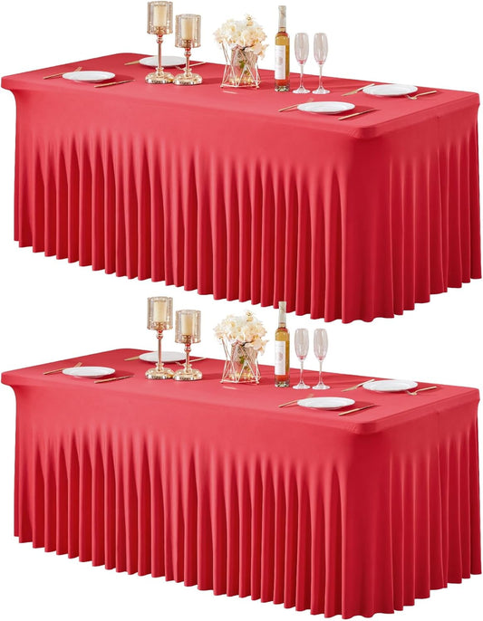 2 Packs Red Table Clothes for 6 Foot Rectangle Tables, One-Piece Wrinkle Resistant Stretch Spandex Table Covers with Table Skirt for Valentines Event Banquet Wedding Birthday Party