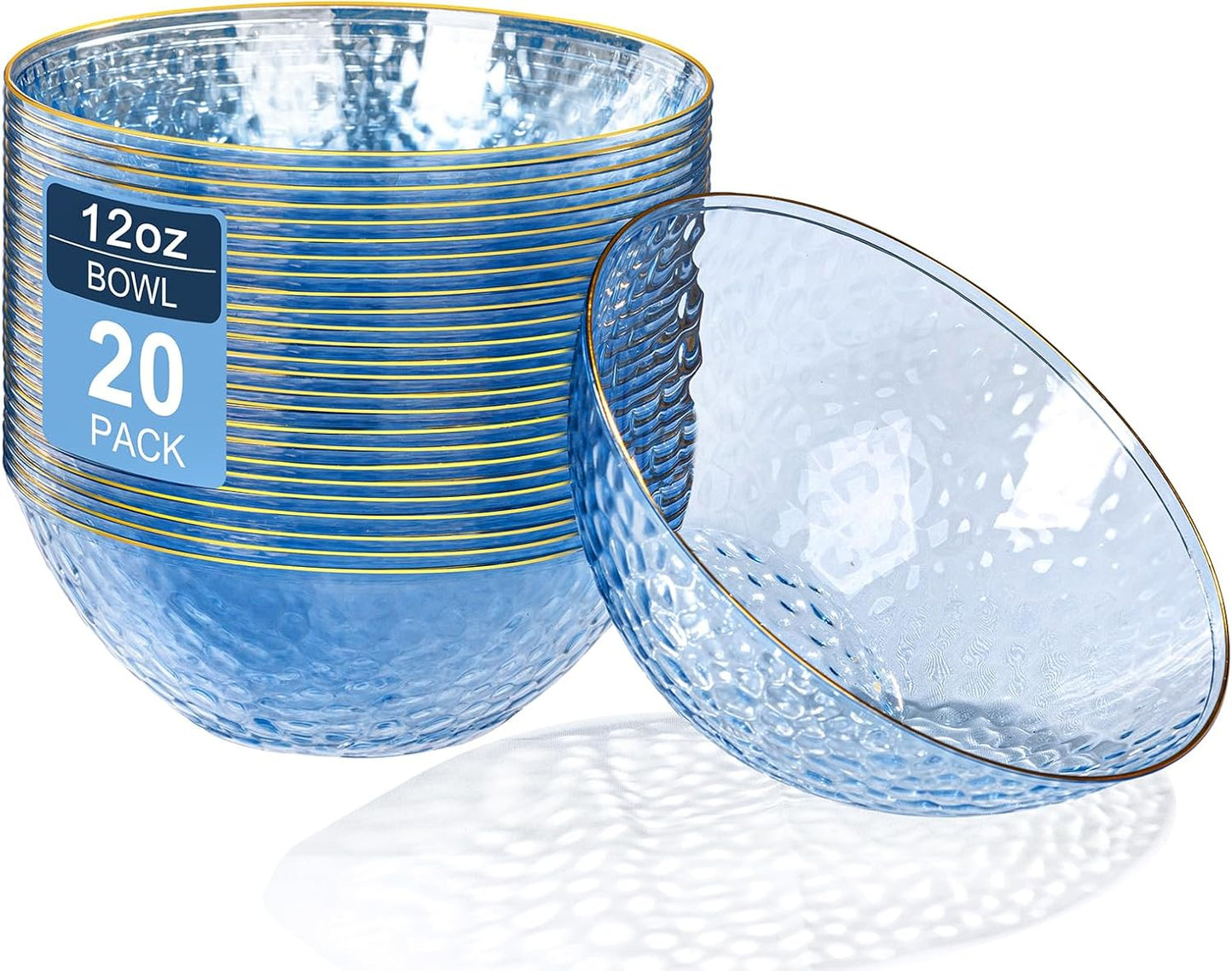 Rubtlamp 20 Pack Clear Blue Disposable Bowls, Blue Plastic Bowls with Gold Rim, 12-16oz Premium Heavy Duty Plastic Dinner Bowls for Party, Wedding and Holiday