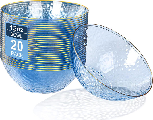 Rubtlamp 20 Pack Clear Blue Disposable Bowls, Blue Plastic Bowls with Gold Rim, 12-16oz Premium Heavy Duty Plastic Dinner Bowls for Party, Wedding and Holiday